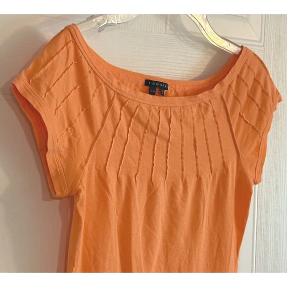 Theory Orange Short Cap Sleeve Pleated Neck T-shirt Top Pima Cotton Stretch P XS - Picture 4 of 11